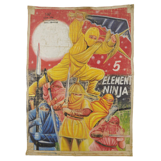 5 ELEMENT NINJA MOVIE POSTER HAND PAINTED IN GHANA FOR THE LOCAL CINEMA WALL ART ON USED FLOUR SACKS