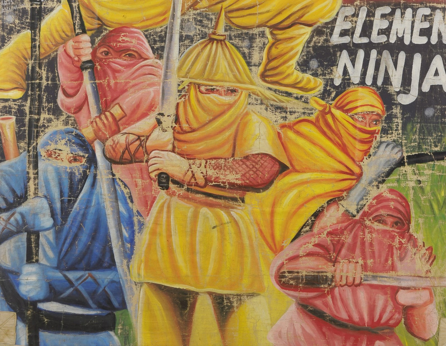 5 ELEMENT NINJA MOVIE POSTER HAND PAINTED IN GHANA FOR THE LOCAL CINEMA WALL ART ON USED FLOUR SACKS