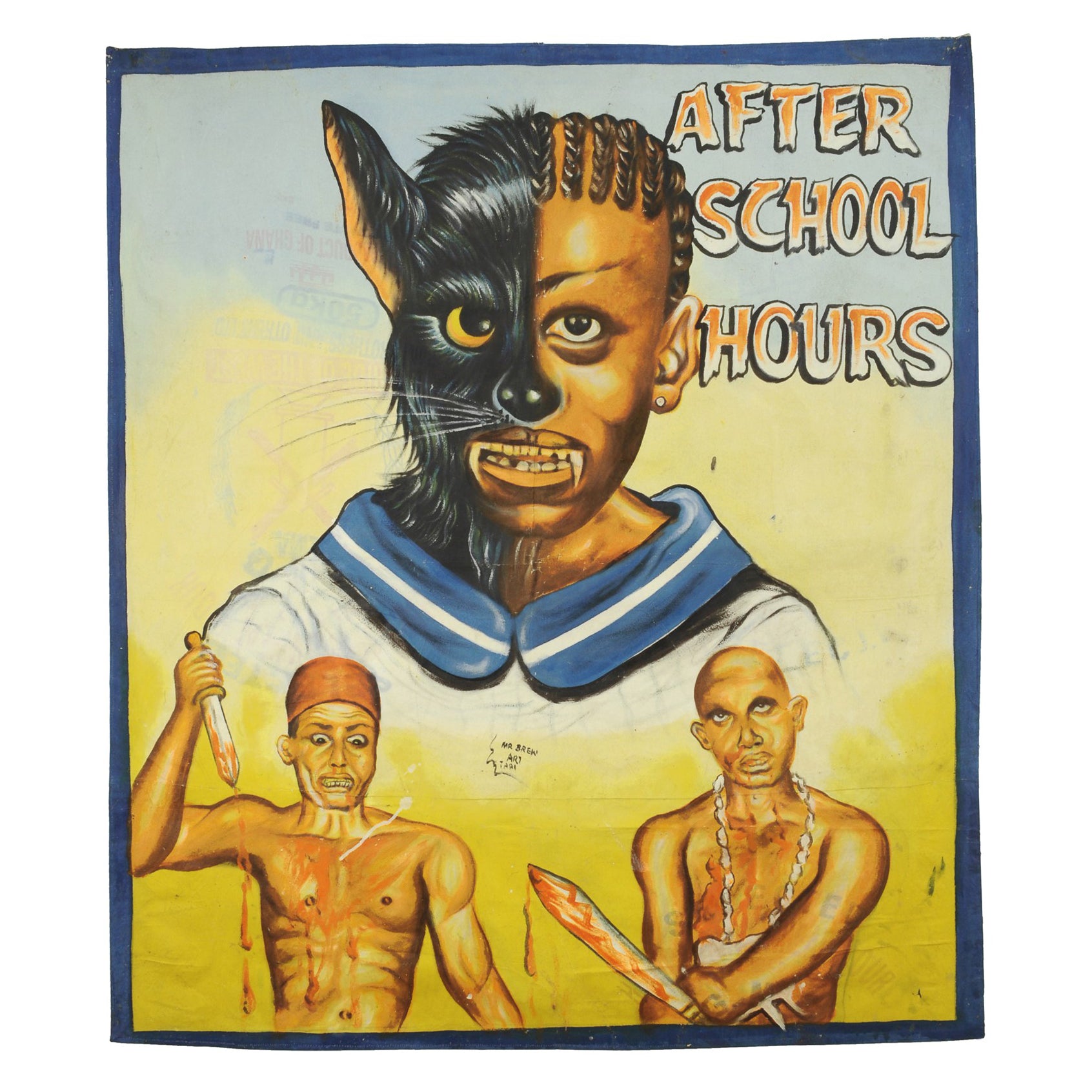 AFTER SCHOOL HOURS AFRICAN MOVIE POSTERS HAND PAINTED ON USED RECYCLED FLOUR SACKS FOR THE LOCAL CINEMA WALL ART