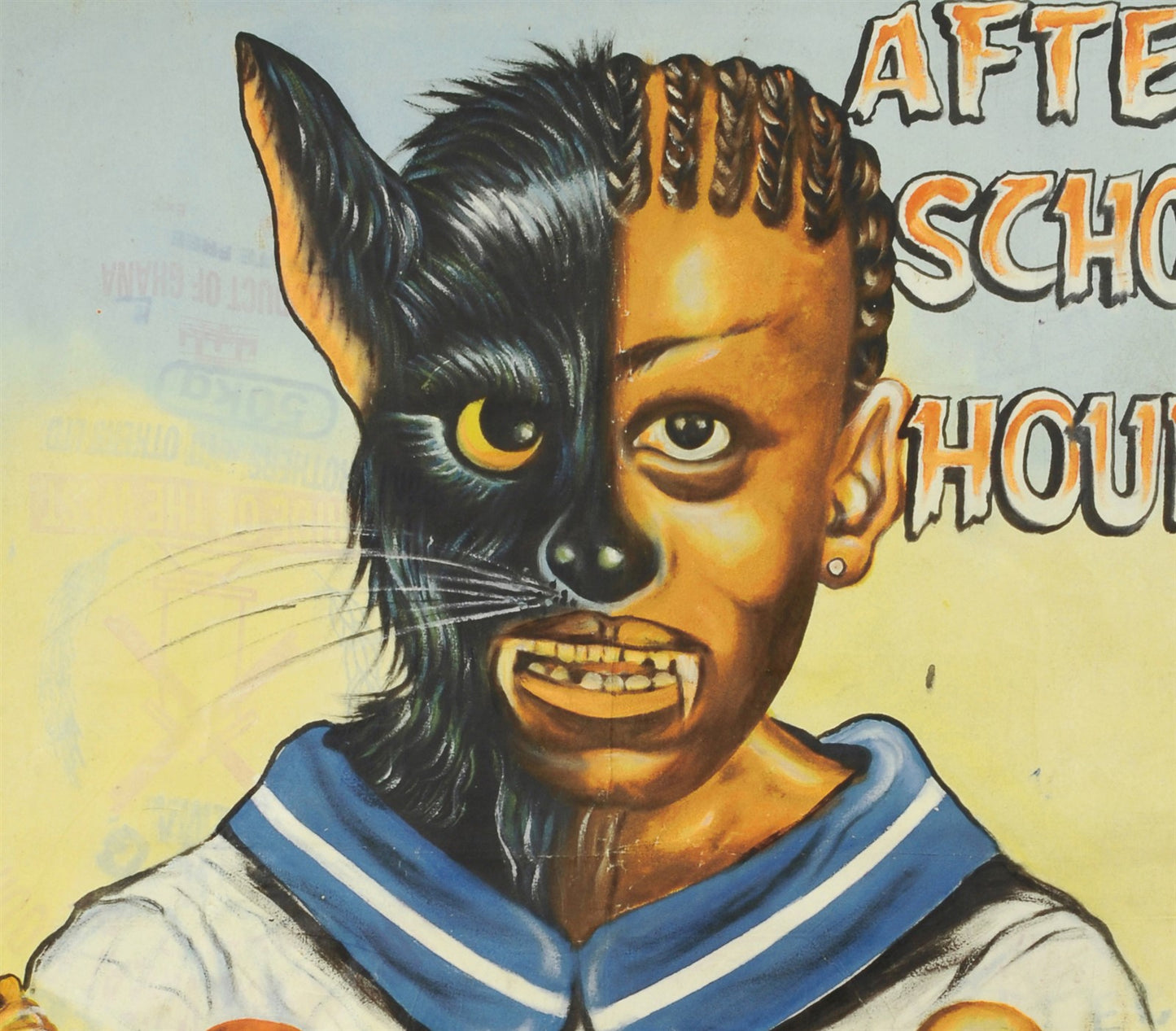 AFTER SCHOOL HOURS AFRICAN MOVIE POSTERS HAND PAINTED ON USED RECYCLED FLOUR SACKS FOR THE LOCAL CINEMA WALL ART