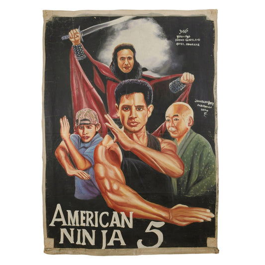 AMERICAN NINJA 5 MOVIE POSTER HAND PAINTING IN GHANA ON USED RECYCLED FLOUR SACKS