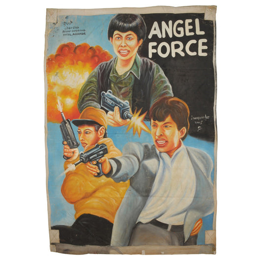 ANGEL FORCE MOVIE POSTER HAND PAINTED IN GHANA ON USED RECYCLED FLOUR SACKS DETAILS