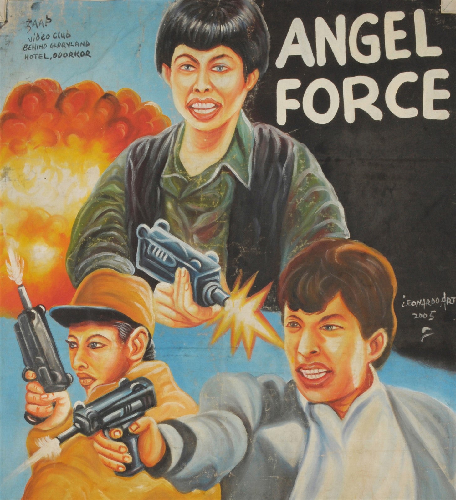 ANGEL FORCE MOVIE POSTER HAND PAINTED IN GHANA ON USED RECYCLED FLOUR SACKS DETAILS