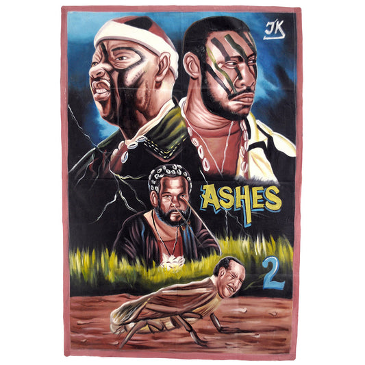 ASHES 2 AFRICAN MOVIE POSTER HAND PAINTED IN GHANA IN RECYCLED FLOUR SACKS FOR FILM PROMOTION