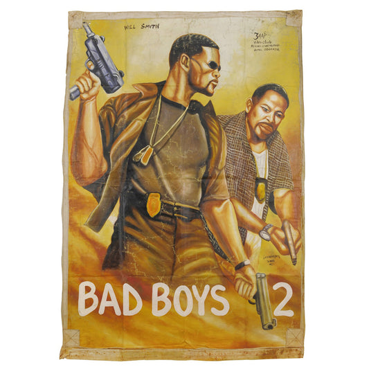 BAD BOYS 2 MOVIE POSTER HAND PAINTED IN GHANA ON RECYCLED FLOUR SACK