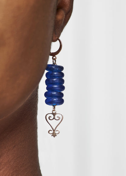 Handmade African Earrings & Adinkra Sankofa Pendant with Cobalt Blue Beads