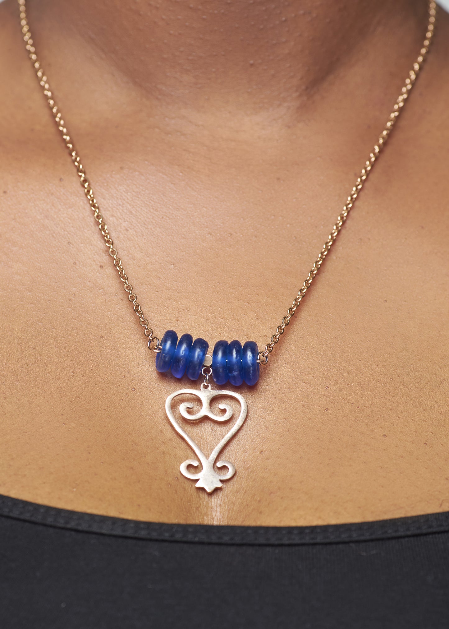 Handmade African Earrings & Adinkra Sankofa Pendant with Cobalt Blue Beads