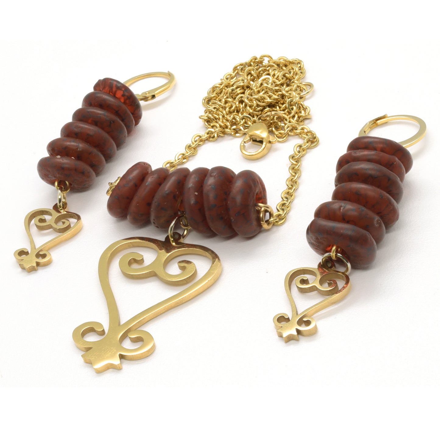 Handmade African Earrings & Adinkra Sankofa Pendant with Amber-Colored Glass Beads