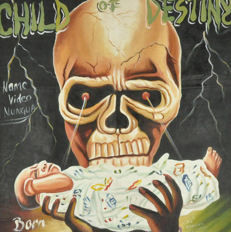 CHILD OF DESTINY AFRICAN MOVIE POSTER HAND PAINTED IN GHANA ON RECYCLED FLOUR SACKS DETAILS