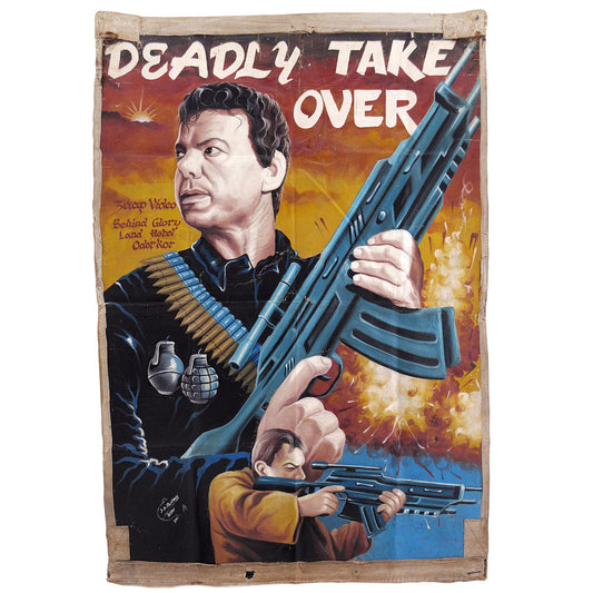 DEADLY TAKE OVER MOVIE POSTER HAND PAINTED IN GHANA ON RECYCLED FLOUR SACKS FOR CINEMA WALL ART