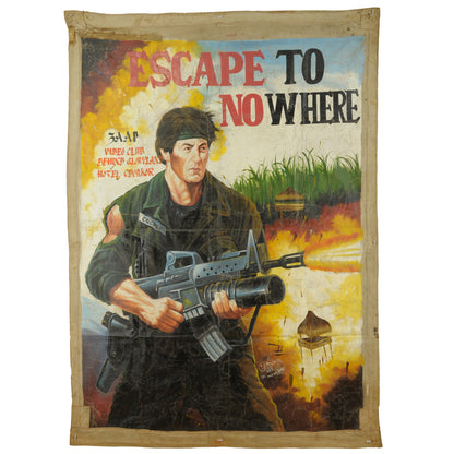 ESCAPE TO NOWHERE MOVIE POSTER HAND PAINTED IN GHANA ON RECYCLED FLOUR SACKS