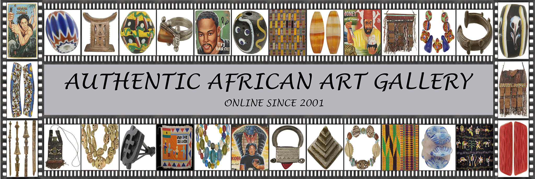 Authentic African trade beads, New glass beads necklaces and bracelets, Hand painted movie posters from Ghana, Kente cloths and other African Art