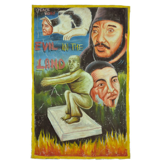 EVIL IN THE LAND AFRICAN MOVIE POSTER HAND PAINTED IN GHANA ON RECYCLED FLOUR  SACK