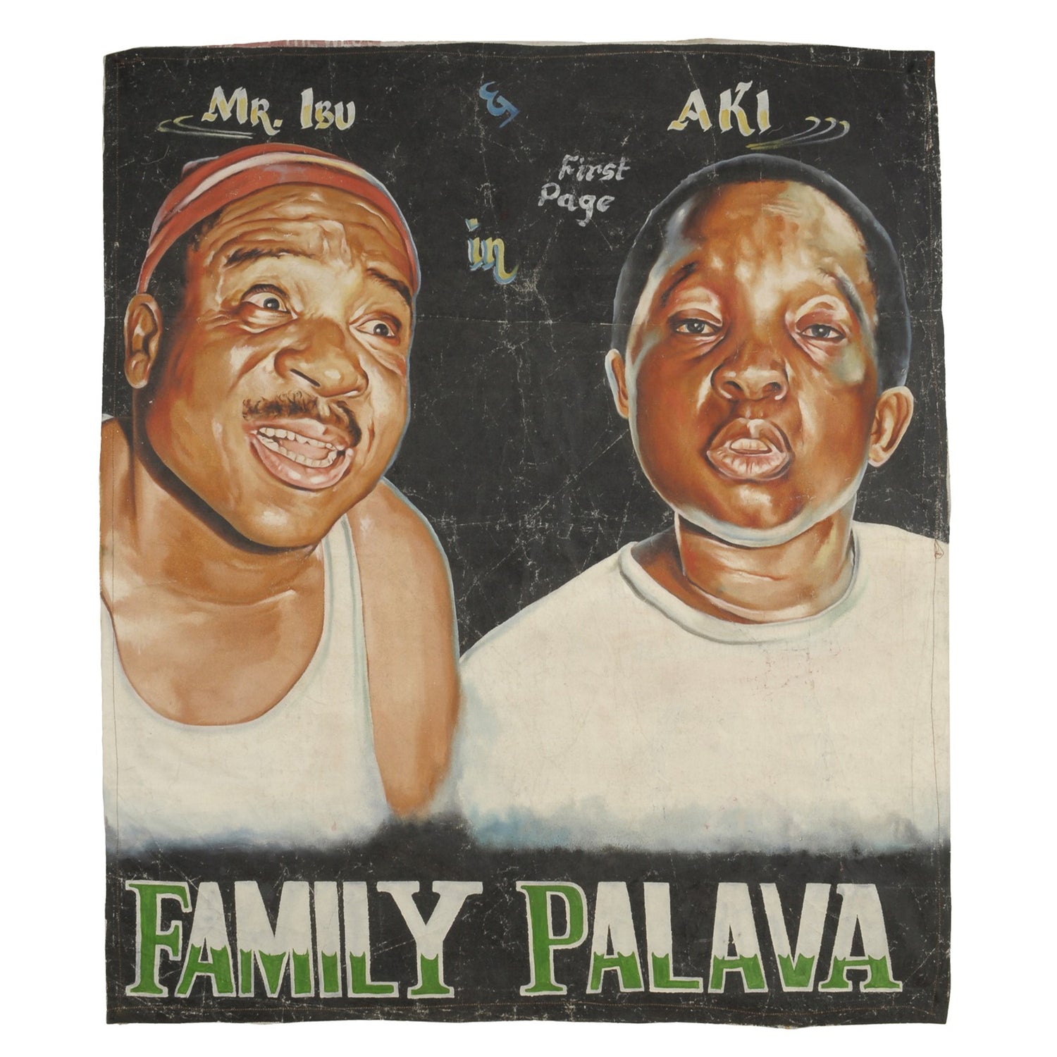 FAMILY PALAVA AFRICAN MOVIE POSTER HAND PAINTED IN GHANA ON USED RECYCLED FLOUR SACKS