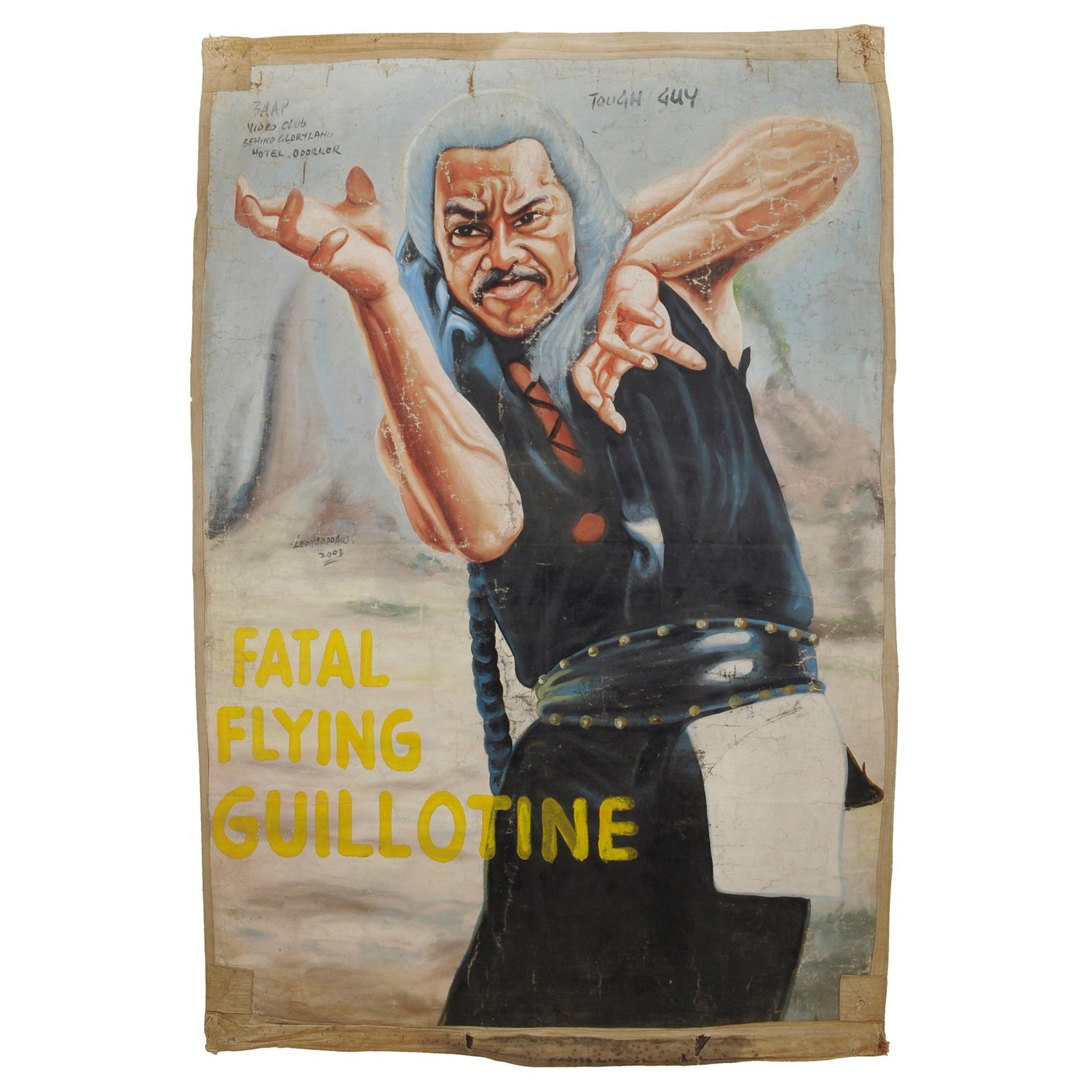 FATAL FLYING GUILLOTINES MARTIAL ART MOVIE POSTER HAND PAINTED IN GHAAN ON USED RECYCLED FLOUR SACKS