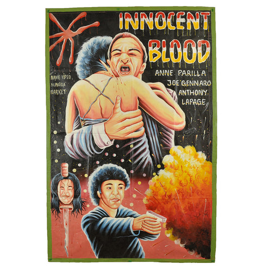 INNOCENT BLOOD MOVIE POSTER HAND PAINTED ON RECYCLED FLOUR SACKS IN GHANA