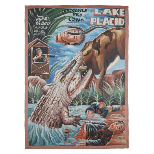 LAKE PLACID MOVIE POSTER HAND PAINTED IN GHANA ON FLOUR SACKS FOR CINEMA OUTSIDER ART