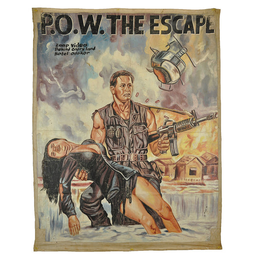 P.O.W THE ESCAPE ORIGINAL GHANAIAN HAND PAINTED MOVIE POSTER ON RECYCLED FLOUR SACKS