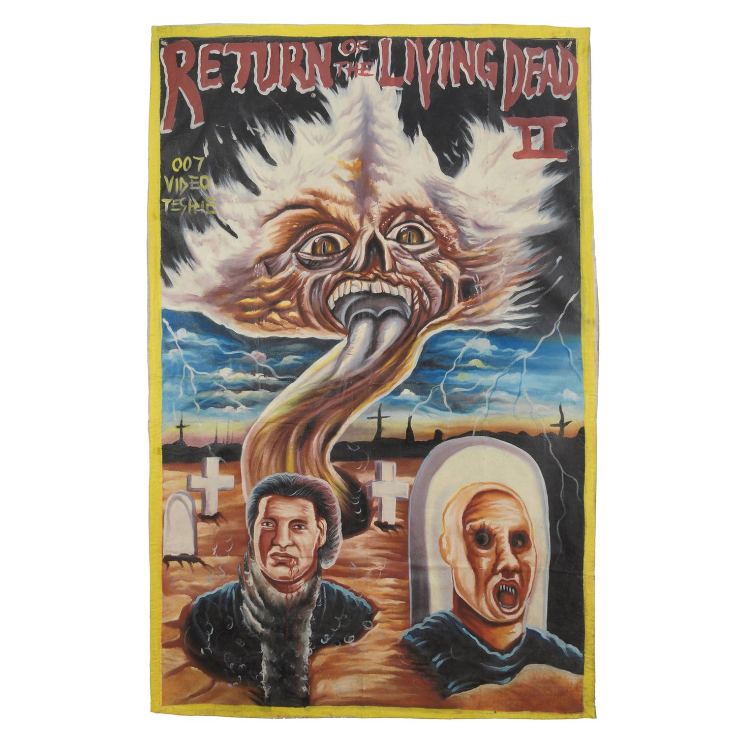 RETURN OF THE LIVING DEAD 2 HORROR MOVIE POSTER HAND PAINTED IN GHANA ON USED RECYCLED FLOUR SACKS FOR THE LOCAL CINEMA ART