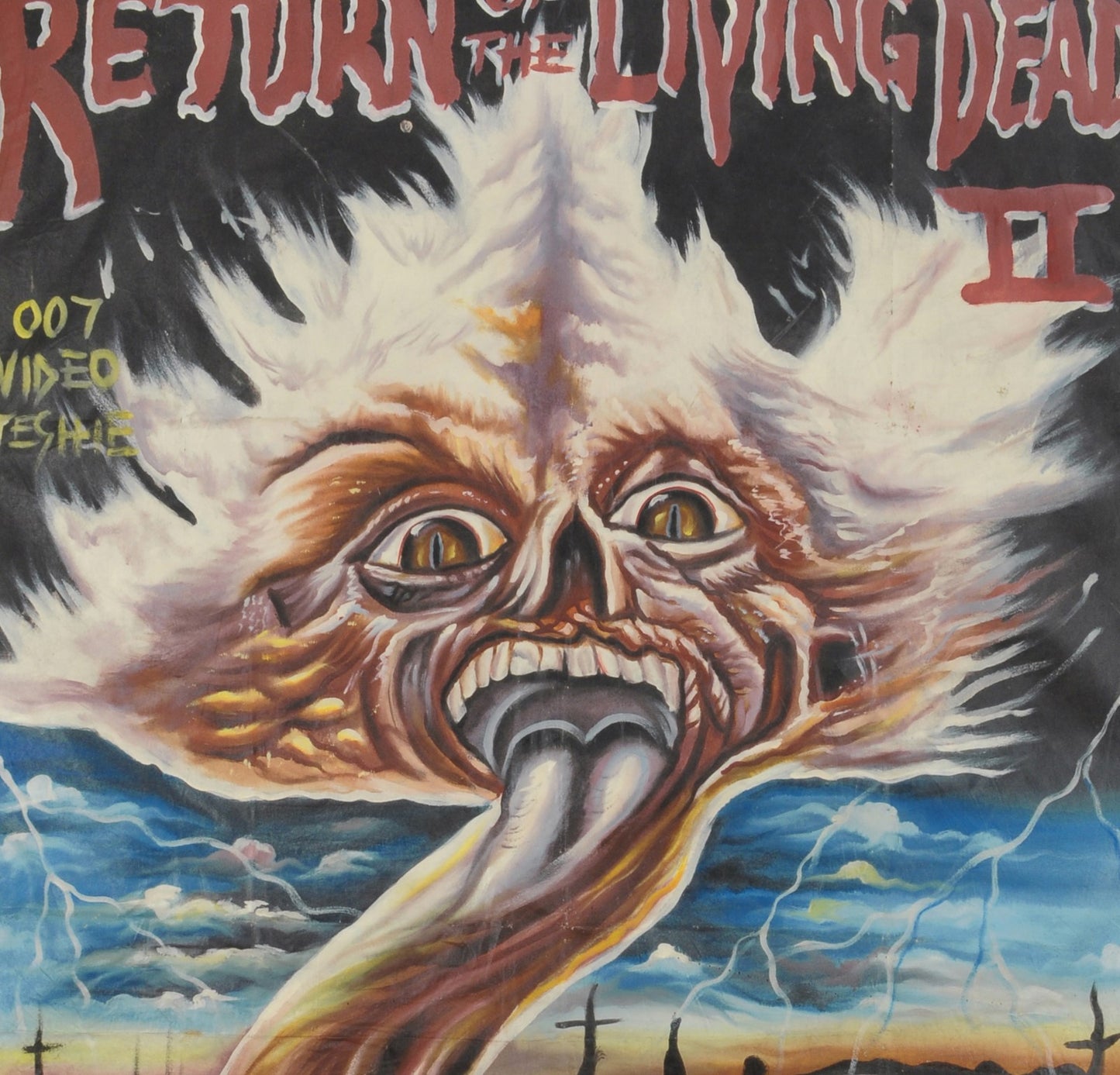 RETURN OF THE LIVING DEAD 2 HORROR MOVIE POSTER HAND PAINTED IN GHANA ON USED RECYCLED FLOUR SACKS FOR THE LOCAL CINEMA ART