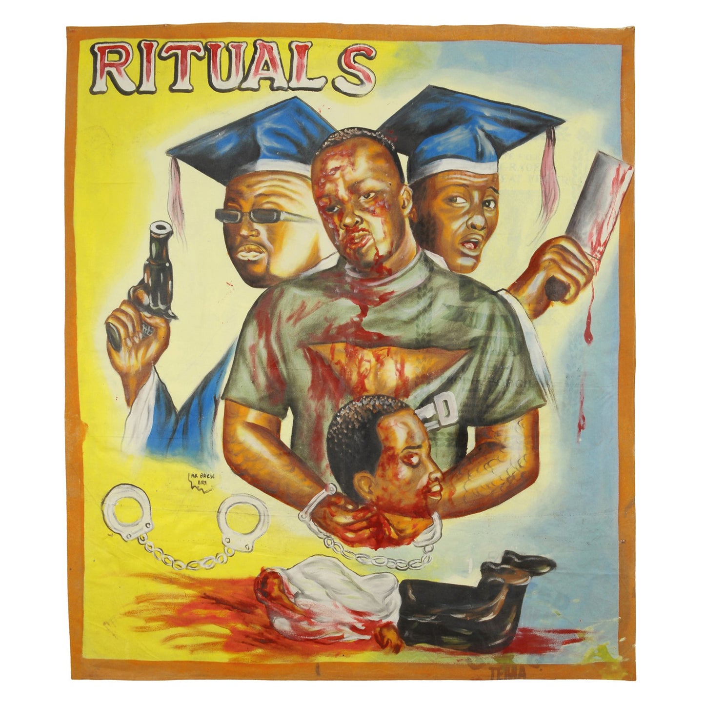 RITUALS AFRICAN MOVIE POSTER HAND PAINTED IN GHANA ON USED RECYCLED FLOUR SACKS