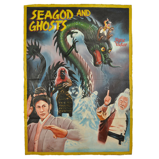 SEAGOD AND GHOSTS MOVIE POSTER HAND PAINTED IN GHANA IN RECYCLED USED FLOUR SACKS FILM ART