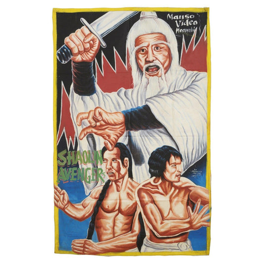 SHAOLIN AVENGERS MOVIE POSTER HAND PAINTED IN GHANA ON USED RECYCLED FLOUR SACKS FOR FILM WALL ART