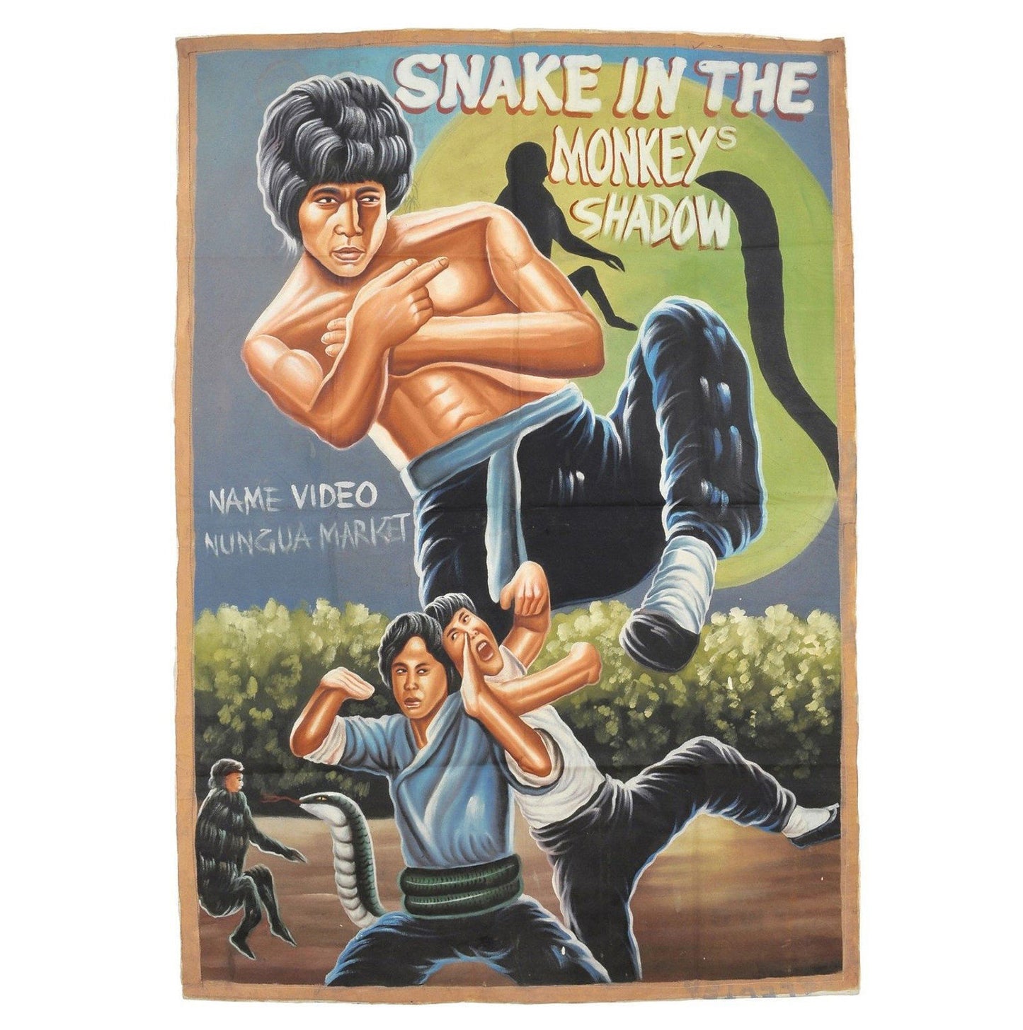 SNAKE IN THE MONKEYS SHADOW MOVIE POSTER HAND PAINTED IN GHANA ON RECYCLED USED FLOUR SACKS FOR THE LOCAL CINEMA FILM ART