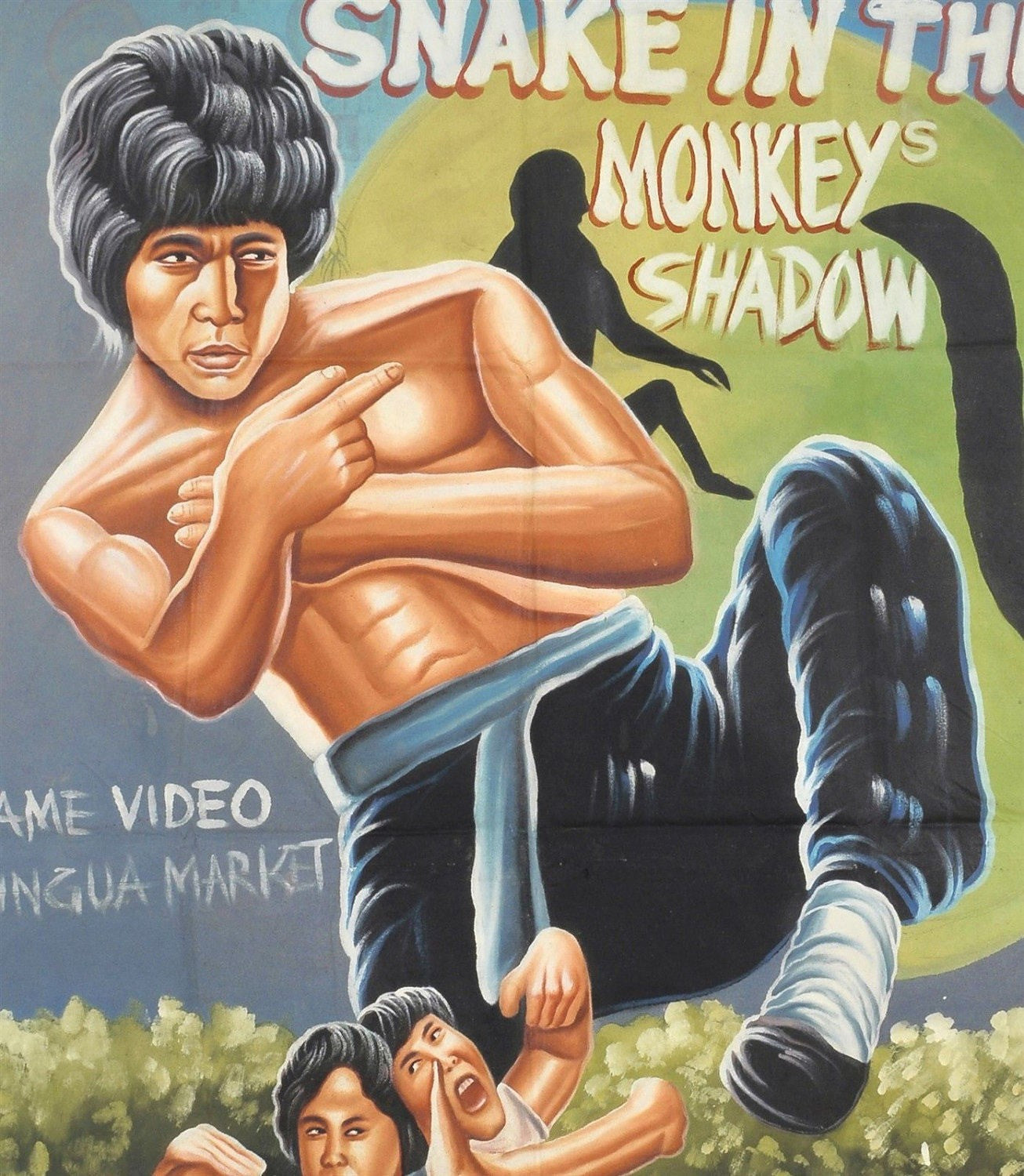 SNAKE IN THE MONKEYS SHADOW MOVIE POSTER HAND PAINTED IN GHANA ON RECYCLED USED FLOUR SACKS FOR THE LOCAL CINEMA FILM ART