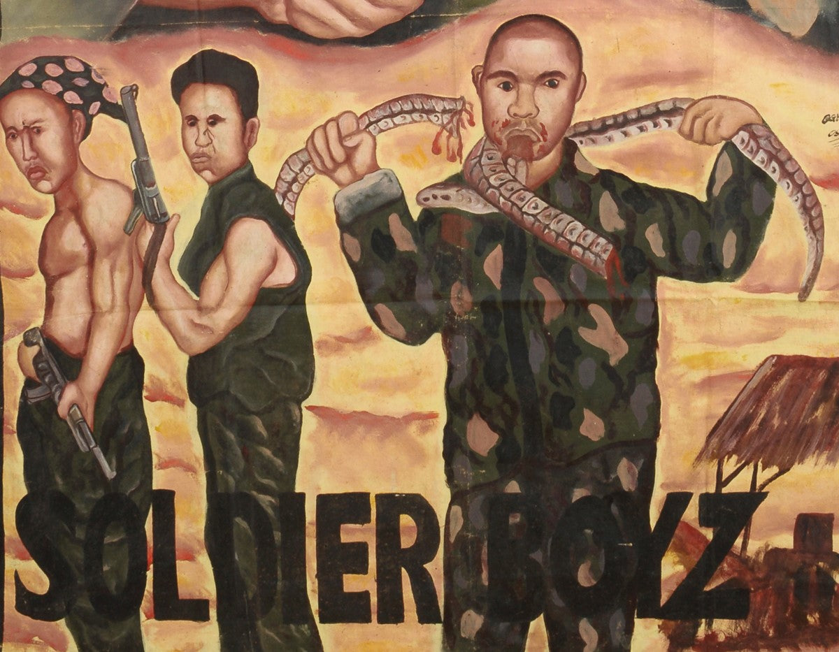 SOLDIER BOYZ GHANA MOVIE POSTER HAND PAINTED ON RECYCLED FLOUR SACKS