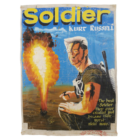 SOLDIER MOVIE POSTER HAND PAINTED IN GHANA ON USED FLOUR SACKS FOR THE LOCAL CINEMA PROMOTION