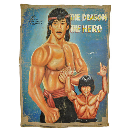 THE DRAGON THE HERO MOVIE POSTER HAND PAINTED IN GHANA ON RECYCLED FLOUR SACKS