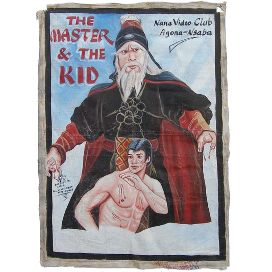 THE MASTER AND THE KID MOVIE POSTER HAND  PAINTED IN GHANA ON RECYCLED FLOUR SACKS MARTIAL ART