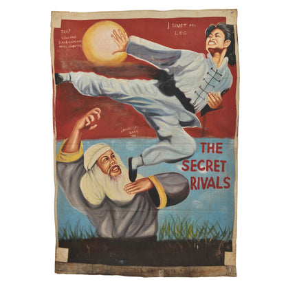 THE SECRET RIVALS MOVIE POSTER HAND PAINTED IN GHANA FOR CINEMA FILM ART ON USED RECYCLED FLOUR SACKS