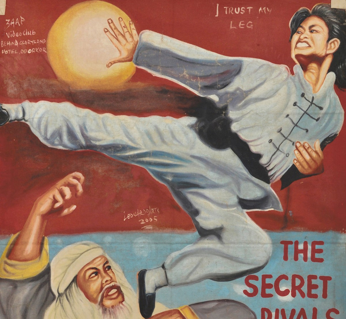 THE SECRET RIVALS MOVIE POSTER HAND PAINTED IN GHANA FOR CINEMA FILM ART ON USED RECYCLED FLOUR SACKS