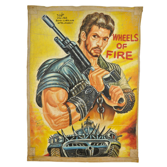 WHEELS OF FIRE MOVIE POSTER HAND PAINTED IN GHANA FOR THE LOCAL CINEMA FILM ART ON USED FLOUR SACKS