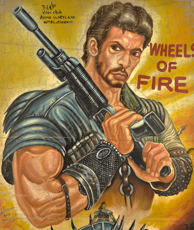 WHEELS OF FIRE MOVIE POSTER HAND PAINTED IN GHANA FOR THE LOCAL CINEMA FILM ART ON USED FLOUR SACKS