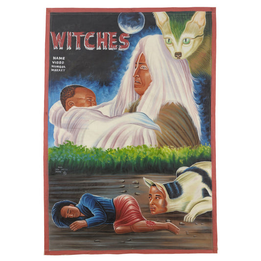 WITCHES AFRICAN MOVIE POSTER HAND PAINTED IN GHANA FOR THE LOCAL CINEMA ON USED RECYCLED FLOUR SACKS