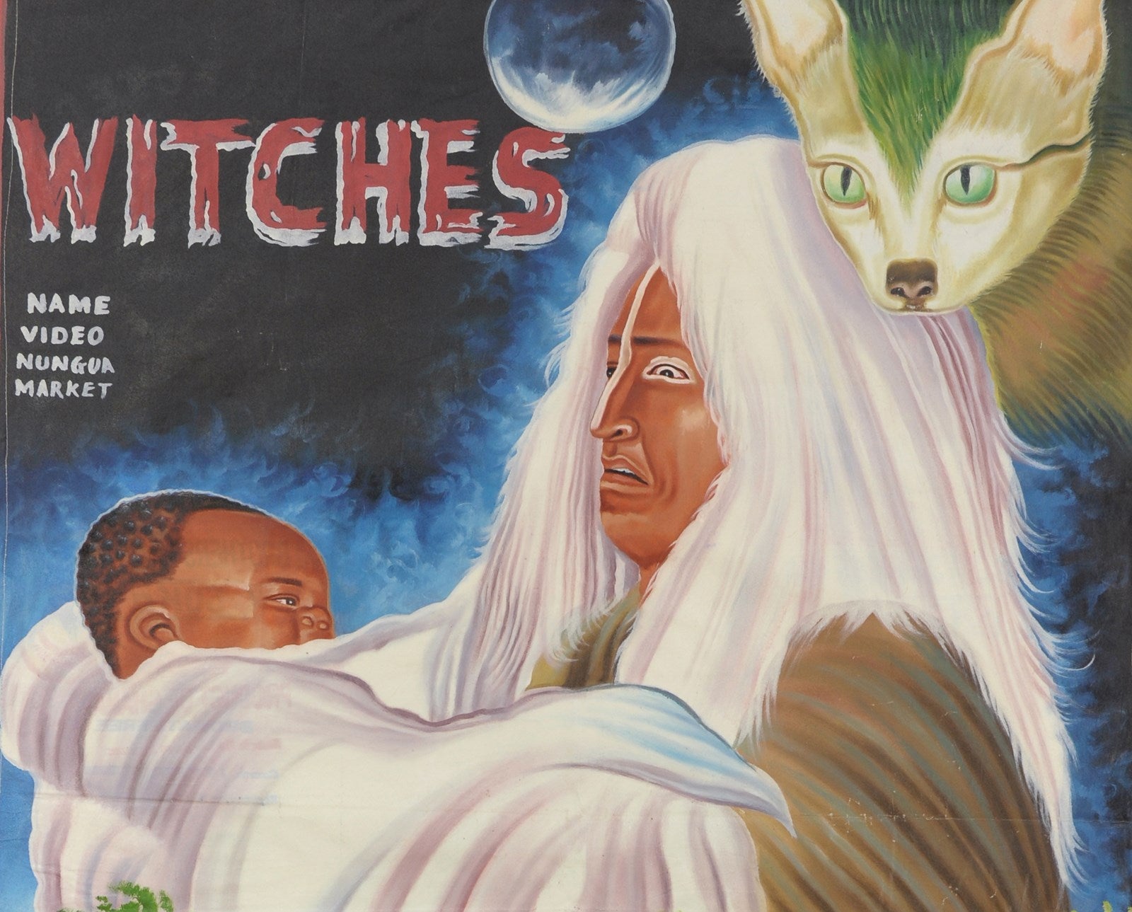 WITCHES AFRICAN MOVIE POSTER HAND PAINTED IN GHANA FOR THE LOCAL CINEMA ON USED RECYCLED FLOUR SACKS