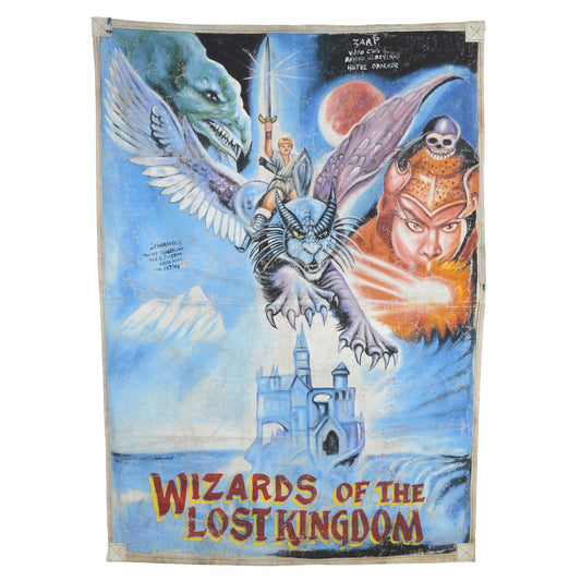 WIZARDS OF THE LOST KINGDOM MOVIE POSTER HAND PAINTED IN GHANA ON USED FLOUR SACKS FOR THE LOCAL CINEMA