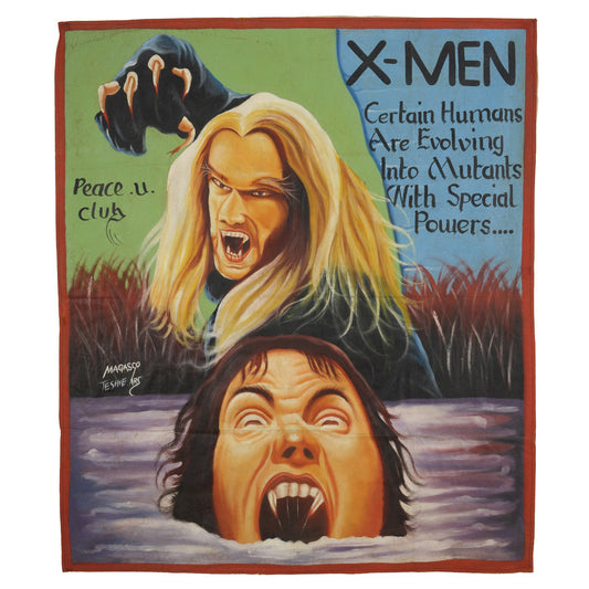 X-MEN MOVIE POSTER HAND PAINTED IN GHANA ON USED FLOUR SACKS OUTSIDER ART