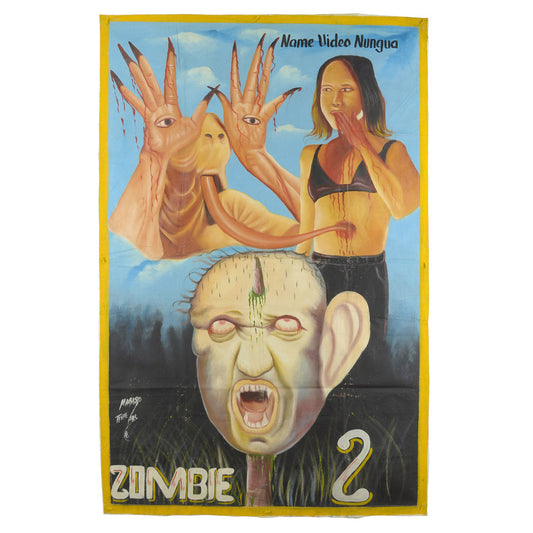 ZOMBIE 2 MOVIE POSTER HAND PAINTED IN GHANA ON RECYCLED FLOUR SACKS FOR THE LOCAL CINEMA