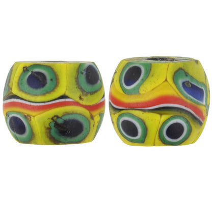 African trade beads old Millefiori Venetian banded round mosaic glass beads pair SB-36018