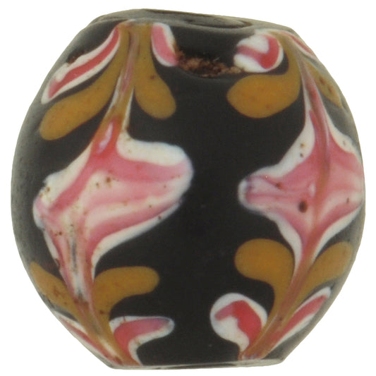 Rare Antique Black Floral Venetian Lampwork Glass Trade Bead – 12mm