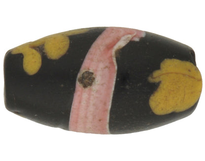 Rare Old Black Floral Venetian Lampwork Glass Trade Bead, 16x9mm