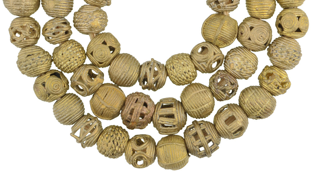 African Brass Beads – Handmade Round Beads from Ghana, 24" Strand