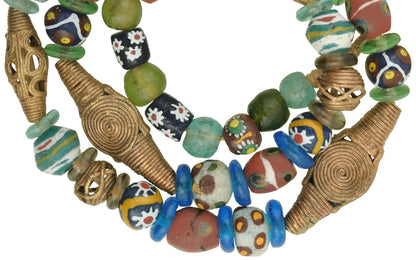 Glass brass trade beads African Ghana Ashanti krobo powder glass necklace bronze SB-35301