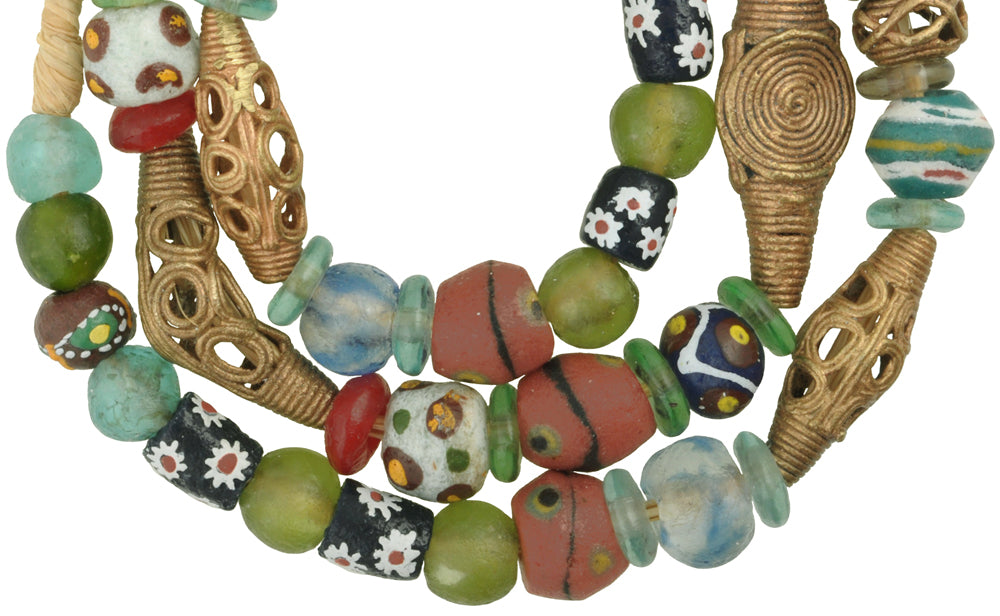 Glass brass trade beads African Ghana Ashanti krobo powder glass necklace bronze SB-35301