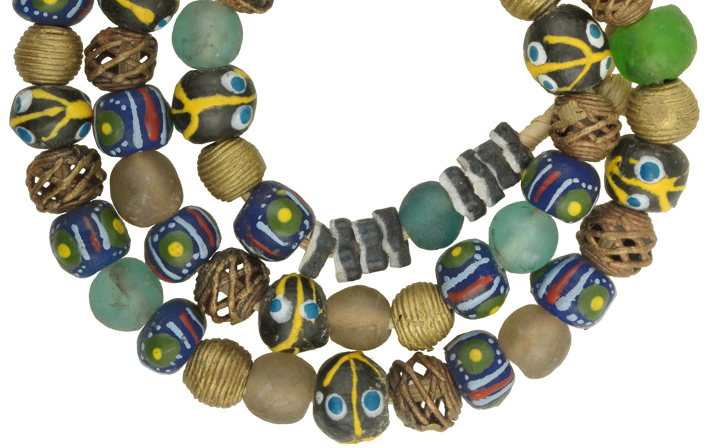 Glass brass African trade beads Ghana Ashanti krobo powder glass ethnic necklace SB-28825