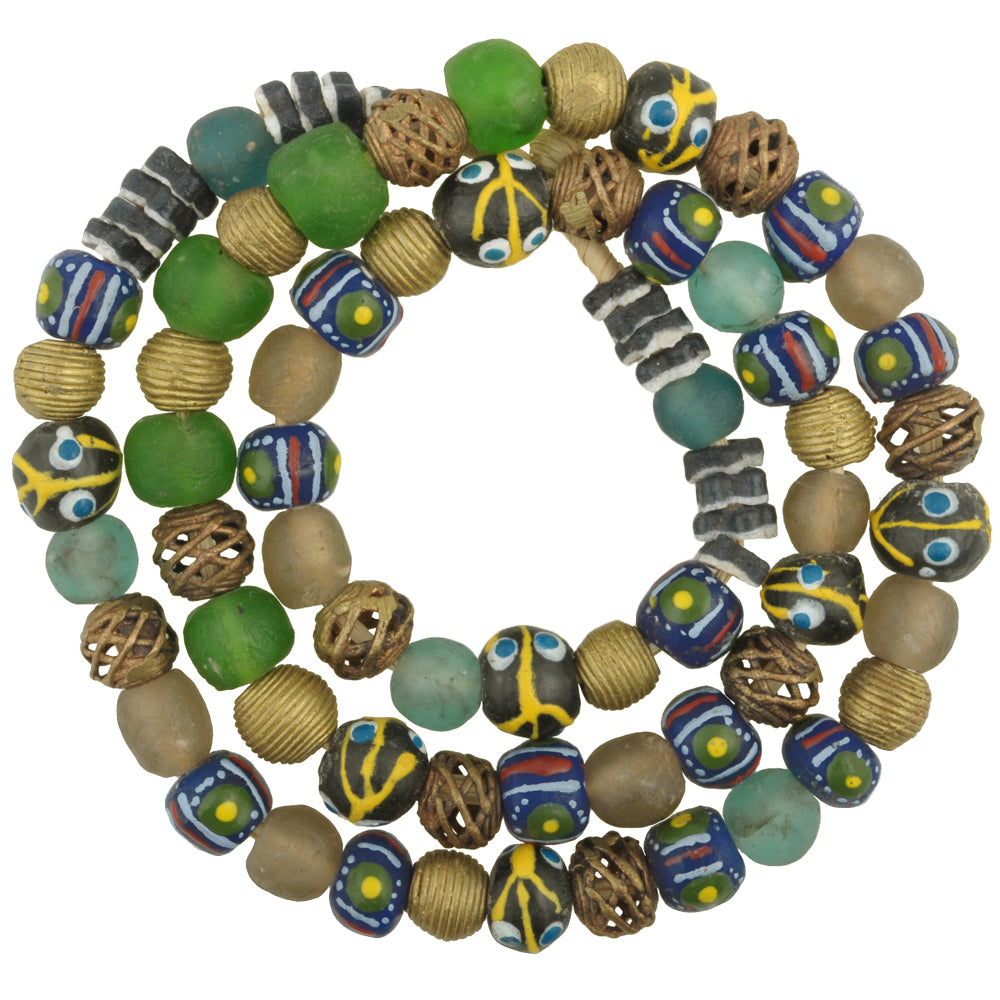 Glass brass African trade beads Ghana Ashanti krobo powder glass ethnic necklace SB-28825